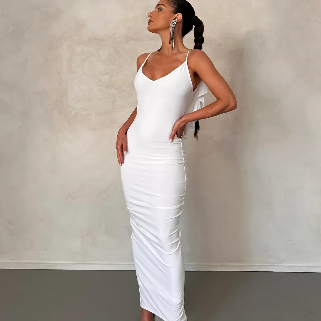 WHITE RUFFLED BACK MAXI DRESS
