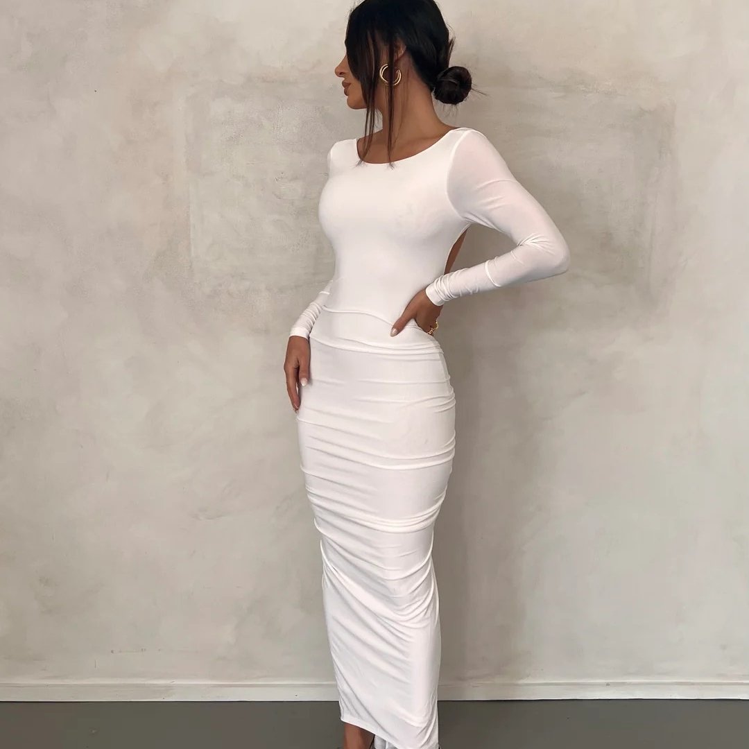 WHITE GATHERED BACK GOWN