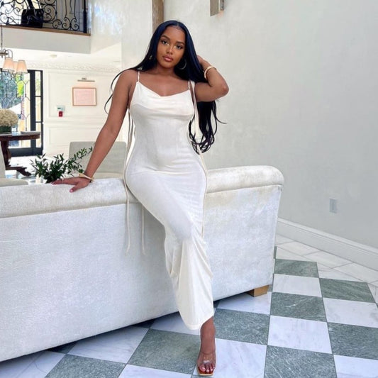 WHITE DRAPED BACK MAXI DRESS