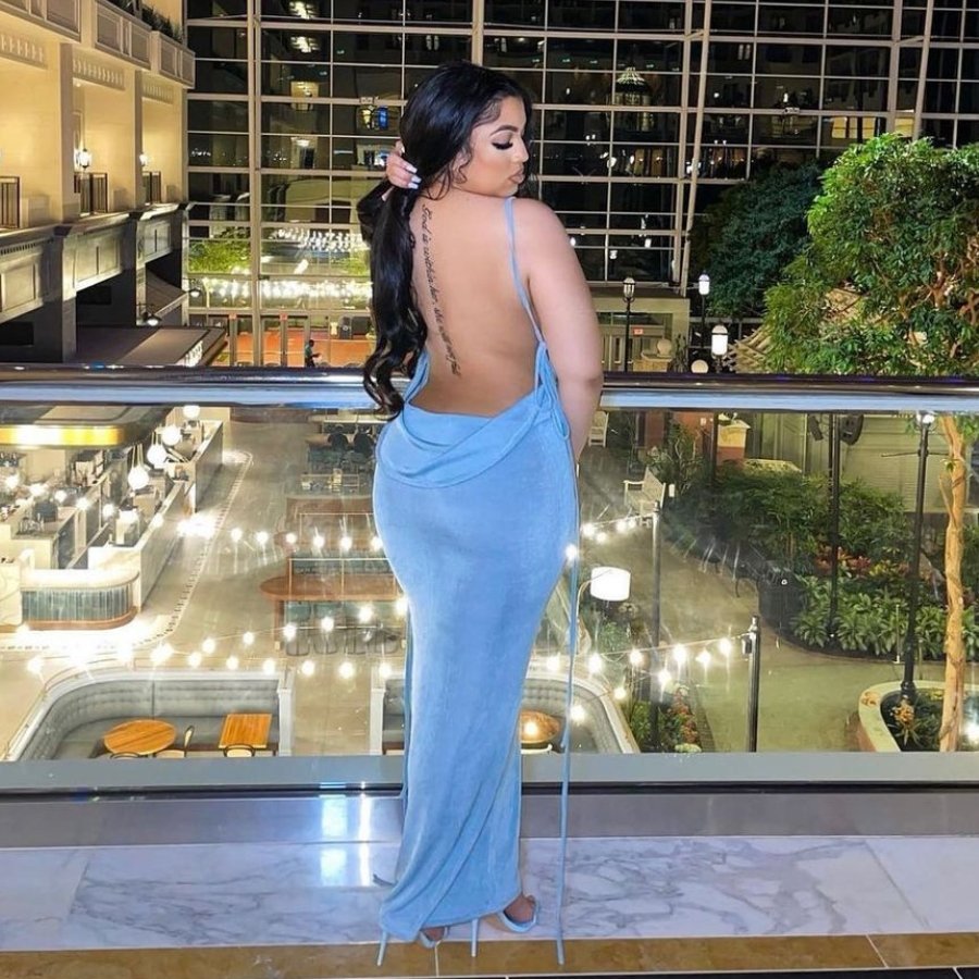 Blue Draped Back Maxi Dress