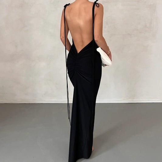 Black Gathered Low Back Maxi Dress