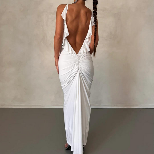 WHITE RUFFLED BACK MAXI DRESS
