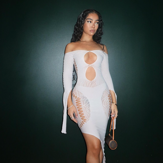 WHITE ASYMMETRIC MESH DRESS