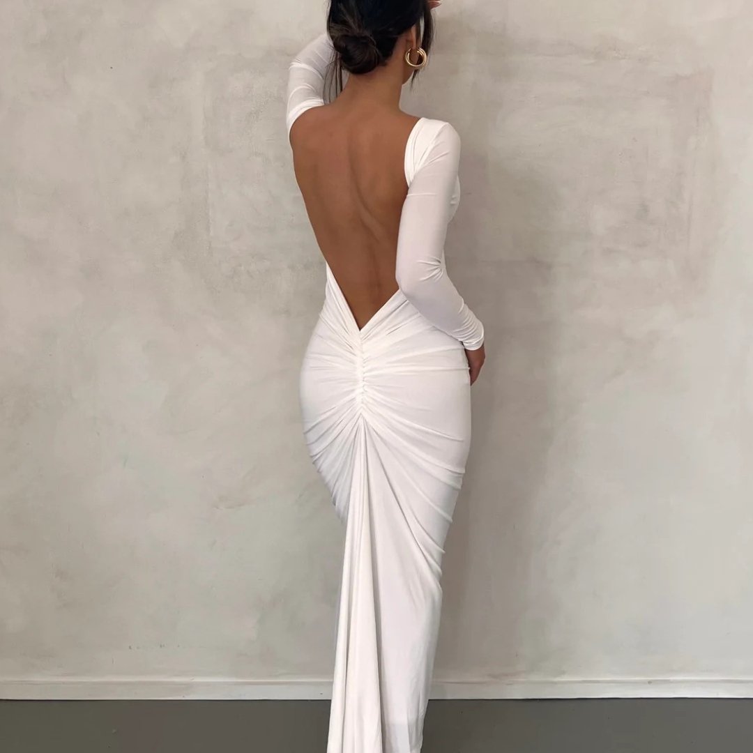 WHITE GATHERED BACK GOWN