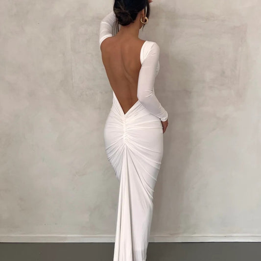 WHITE GATHERED BACK GOWN