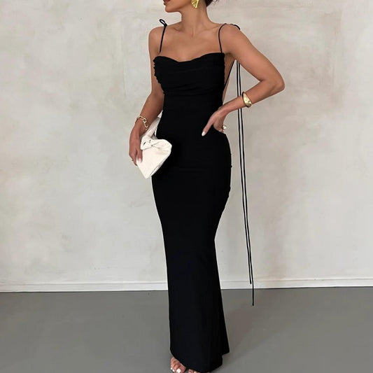 Black Gathered Low Back Maxi Dress